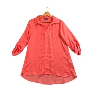 Renuar Boho Tunic Blouse Small Pink Roll Tab Sleeve High Low Top